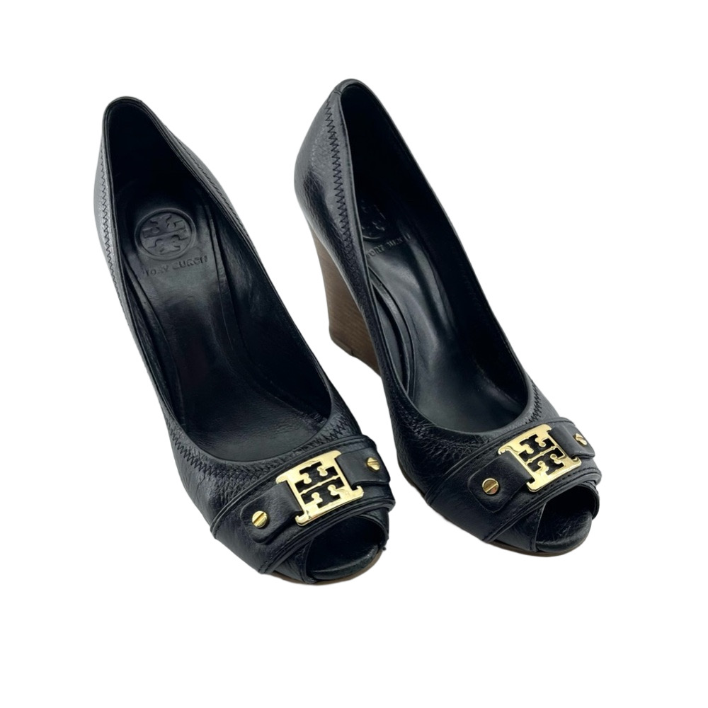 Tory Burch Black Leather Carnell Peep-Toe Wedge Heels 7.5